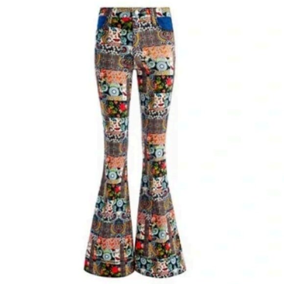 Alice + Olivia Beautiful Patchwork Mid Rise Denim Floral Flared Bell Jeans Sz 28 - Picture 3 of 15